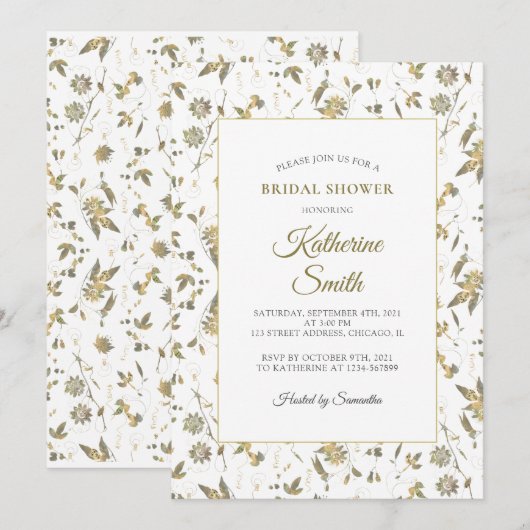 Invitation Elégante Fête des mariées de vin aux fleurs d'or (Devant / Derrière)