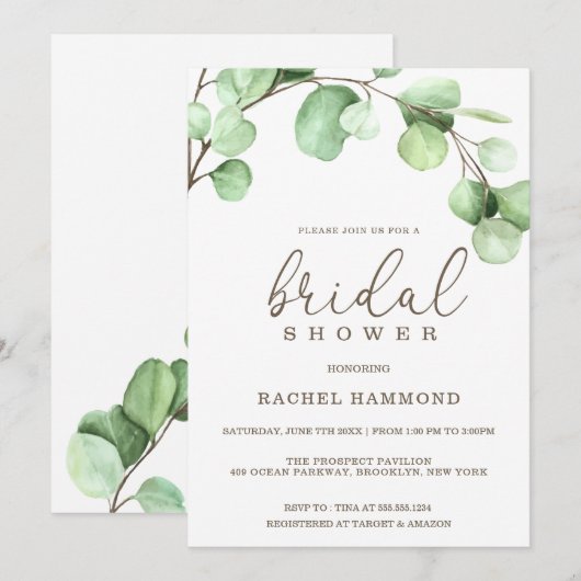Invitation Élégante Fête des mariées d'Eucalyptus (Devant / Derrière)