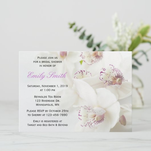 Invitation Elégante Fête des mariées d'orchidées blanches et  (Debout devant)