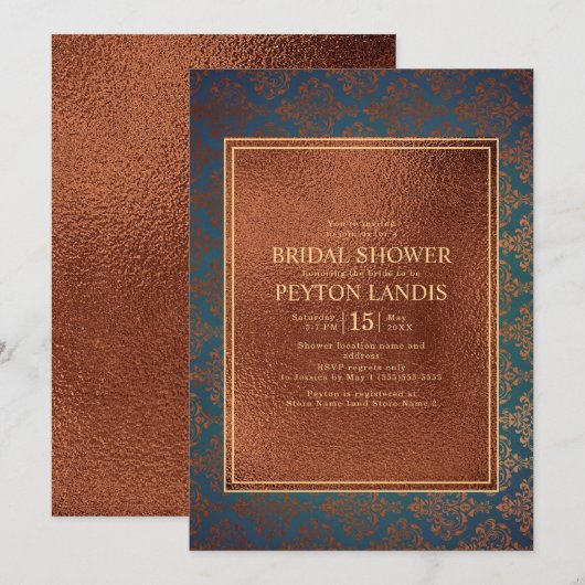 Invitation Élégante Fête des mariées en cuivre Turquoise Dama (Devant / Derrière)