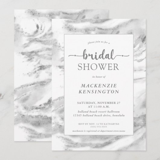 Invitation Elégante Fête des mariées en marbre argenté (Devant / Derrière)