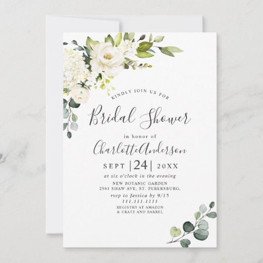 Invitation Elégante Fête des mariées Eucalyptus White Roses (Devant)