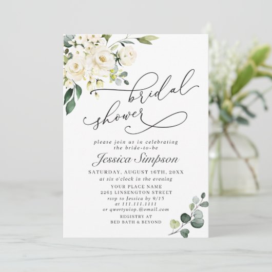 Invitation Elégante Fête des mariées Eucalyptus White Roses (Debout devant)