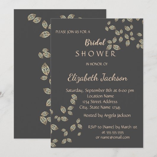 Invitation Élégante Fête des mariées Feuille chic or (Devant / Derrière)