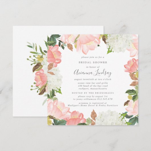 Invitation Élégante Fête des mariées florale blanche rose (Devant / Derrière)