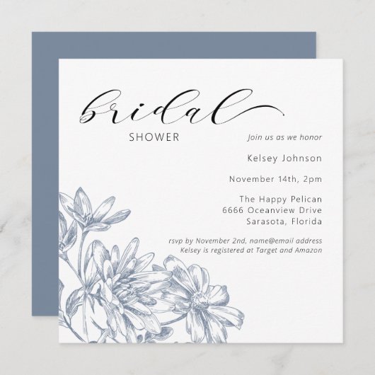 Invitation Elégante Fête des mariées florale bleu Dusty (Devant / Derrière)