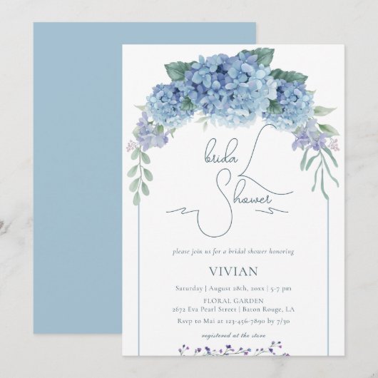 Invitation Elégante Fête des mariées florale bleu Dusty (Devant / Derrière)