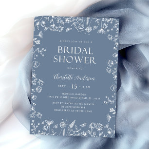 Invitation Elégante Fête des mariées florale bleu Dusty