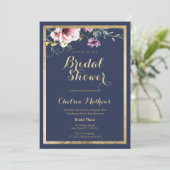 Invitation Elégante Fête des mariées florale bleu marine or r (Debout devant)