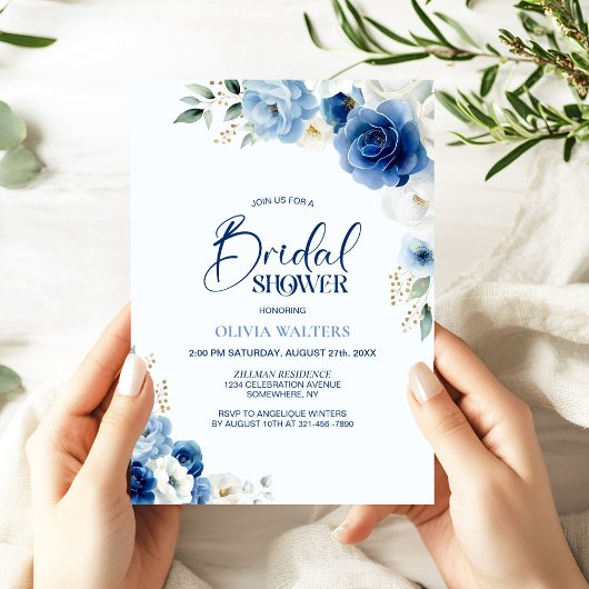 Invitation Elégante Fête des mariées Florale Bleue
