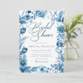 Invitation Elégante Fête des mariées florale bleue (Debout devant)