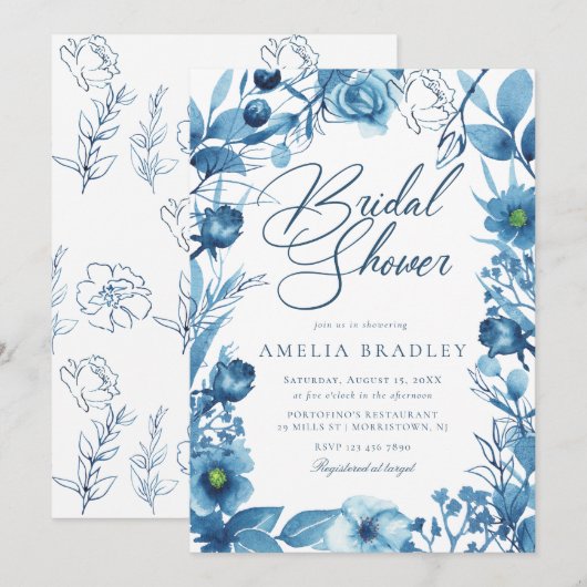 Invitation Elégante Fête des mariées florale bleue (Devant / Derrière)