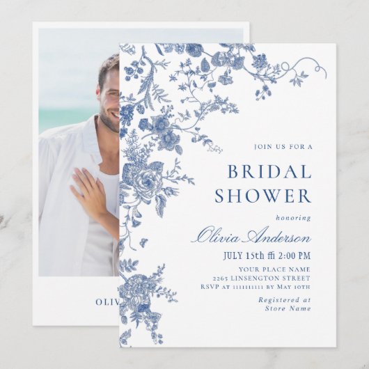 Invitation Elégante FÊTE DES MARIÉES Florale Bleue Victorienn (Devant / Derrière)