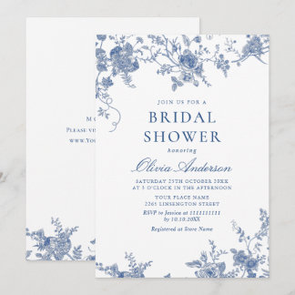 Invitation Elégante FÊTE DES MARIÉES Florale Bleue Victorienn