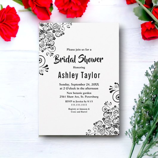 Invitation Elégante Fête des mariées Florale Boho Noir Et Bla