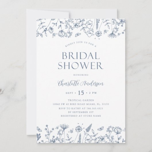 Invitation Elégante Fête des mariées florale botanique bleu D (Devant)