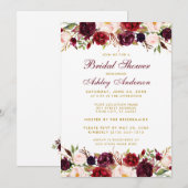 Invitation Elégante Fête des mariées Florale Bourgogne Or W (Devant / Derrière)