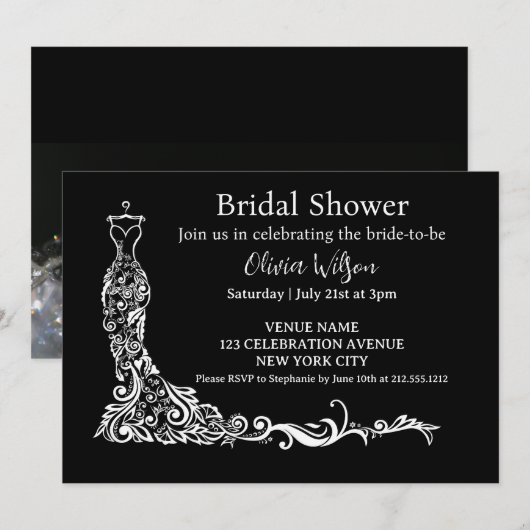 Invitation Elégante Fête des mariées florale de Boho noir (Devant / Derrière)