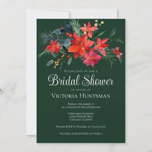 Invitation Élégante Fête des mariées florale de Noël Rouge Ve (Devant)