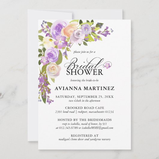 Invitation Élégante Fête des mariées Florale pourpre Dusty (Devant)