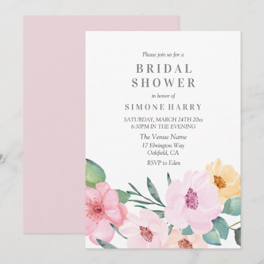 Invitation Élégante Fête des mariées florale rose moderne (Devant / Derrière)