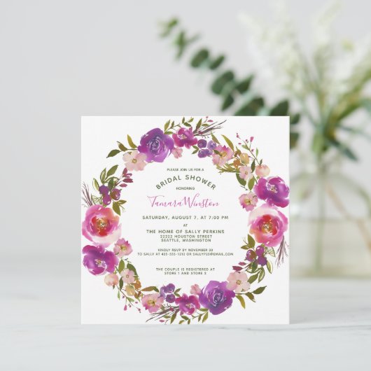 Invitation Élégante Fête des mariées florale violette de Berr (Debout devant)