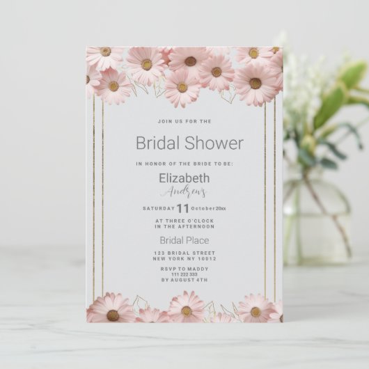 Invitation Elégante Fête des mariées marguerite pastel gris r (Debout devant)