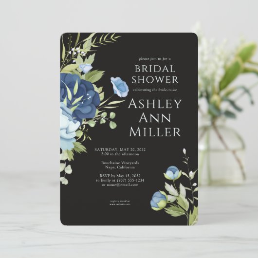 Invitation Elégante Fête des mariées Mariage Florale Bleue (Debout devant)