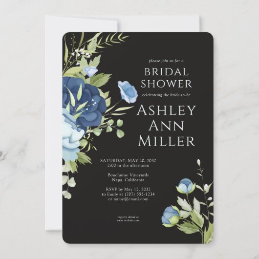 Invitation Elégante Fête des mariées Mariage Florale Bleue (Devant)