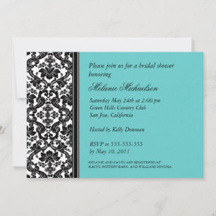 Invitation Elégante Fête des mariées noire Aqua Floral Damask