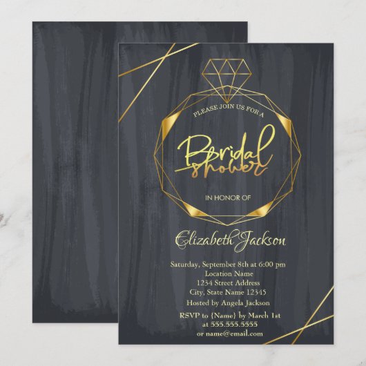 Invitation Elégante Fête des mariées noire Diamant Or (Devant / Derrière)