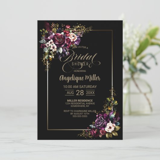 Invitation Élégante Fête des mariées noire florale violette b (Debout devant)
