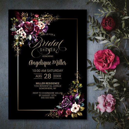 Invitation Élégante Fête des mariées noire florale violette b