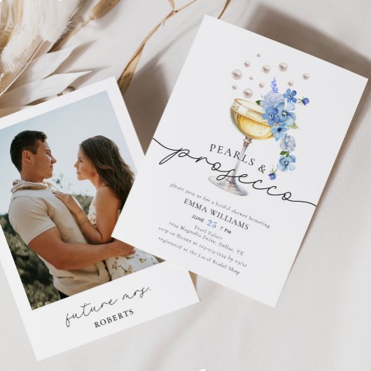 Invitation Elégante Fête des mariées photo bleu perles et pou