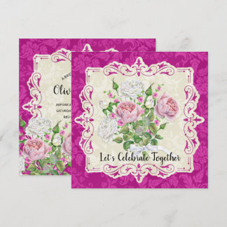 Invitation Élégante Fête des mariées Rose et pivoine