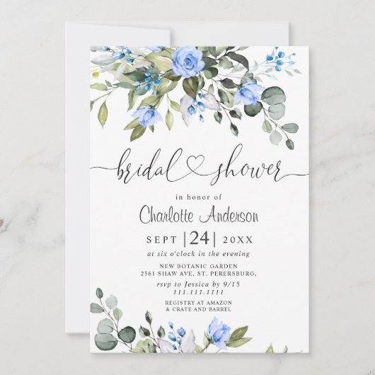 Invitation Elégante FÊTE DES MARIÉES Rose Eucalyptus Bleu (Devant)