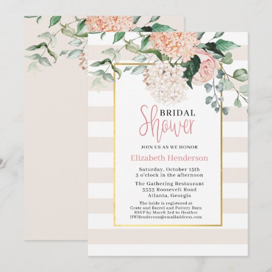 Invitation Élégante Fête des mariées rose florale Hydrangea (Devant / Derrière)