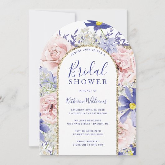 Invitation Elégante Fête des mariées rose violet floral or Ar (Devant)