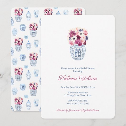 Invitation Elégante Fête des mariées roses foncées et orchidé (Devant / Derrière)