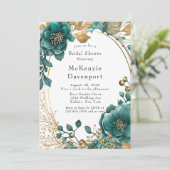 Invitation Elégante Fête des mariées Turquoise et or Floral (Debout devant)