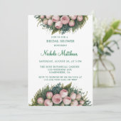 Invitation Élégante Fête des mariées verte Wreath Pink Buds (Debout devant)