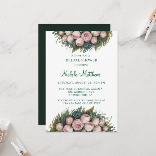 Invitation Élégante Fête des mariées verte Wreath Pink Buds (Devant/Arrière en situation)