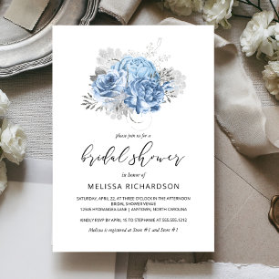 Invitation Elégante Fête des mariées Vintage Floral Blue Silv