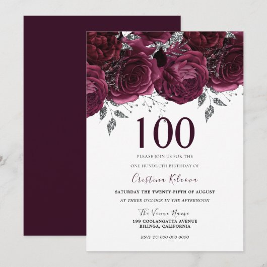 Invitation Élégante fête du 100e anniversaire des Roses du Ma (Devant / Derrière)