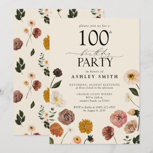 Invitation Elégante fête du 100e anniversaire Fleurs de terre (Devant / Derrière)