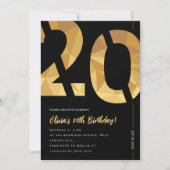 Invitation Élégante fête du 20e anniversaire noir et or (Devant)