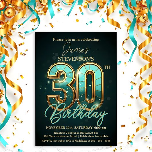 Invitation Elégante fête du 30e anniversaire Turquoise et Gol