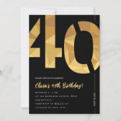 Invitation Élégante fête du 40e anniversaire noir et or (Devant)