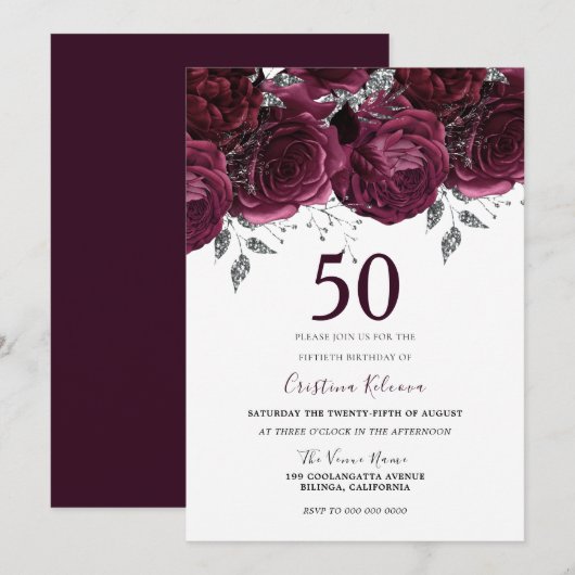 Invitation Élégante fête du 50e anniversaire des Roses du Mar (Devant / Derrière)
