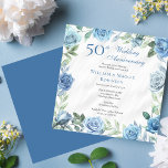 Invitation Élégante fête du 50e anniversaire du Mariage Blue<br><div class="desc">Elégant bleu et blanc avec cadre vert vert sauge sombre cadre floral mariage anniversaire design de célébration anniversaire.</div>